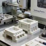 Close-up of high-precision custom plastic components being produced in small batches at Viethung Plastics.