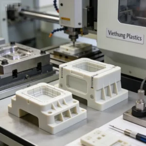 Close-up of high-precision custom plastic components being produced in small batches at Viethung Plastics.
