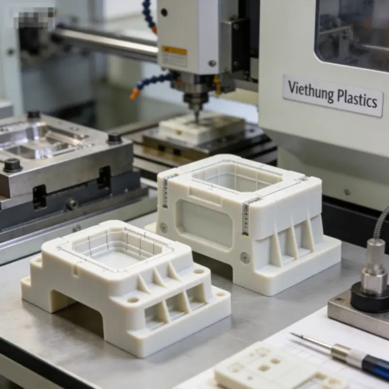 Close-up of high-precision custom plastic components being produced in small batches at Viethung Plastics.