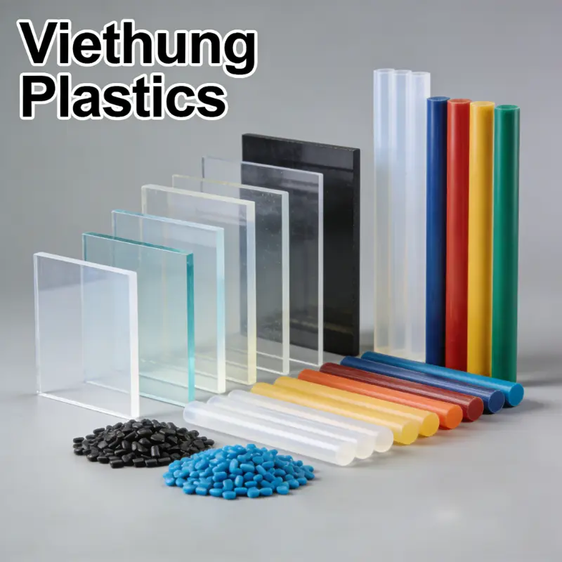 A variety of engineering plastic materials including PEEK, POM, and ESD sheets by Viethung Plastics.
