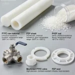 Assorted fluoroplastic rods and sheets including PTFE, PFA, and PCTFE manufactured by Viethung Plastics.
