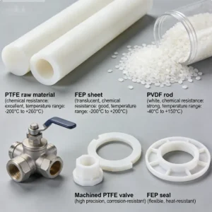 Assorted fluoroplastic rods and sheets including PTFE, PFA, and PCTFE manufactured by Viethung Plastics.