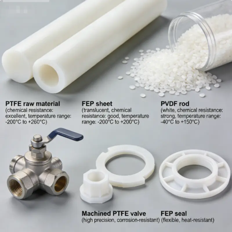 Assorted fluoroplastic rods and sheets including PTFE, PFA, and PCTFE manufactured by Viethung Plastics.