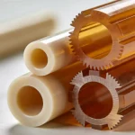 Close-up of PEEK and PEI industrial plastic rods and machined parts.
