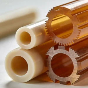 Close-up of PEEK and PEI industrial plastic rods and machined parts.
