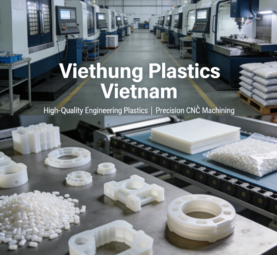 High-quality engineering plastic materials and CNC processed parts at Viethung Plastics Vietnam factory.