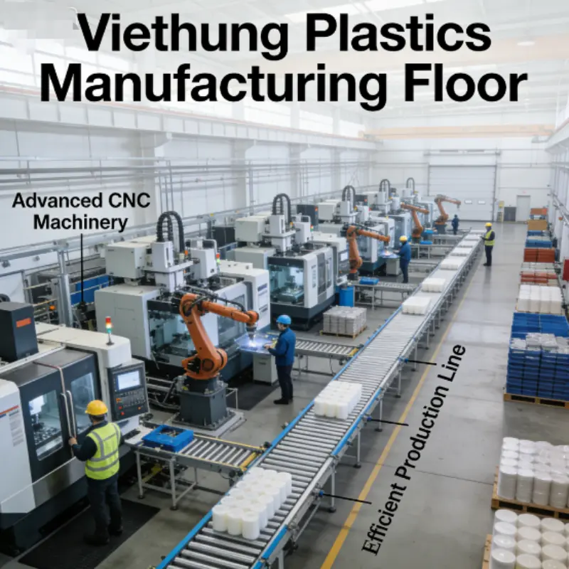 A modern plastic injection molding facility in Vietnam producing high-quality custom plastic parts.