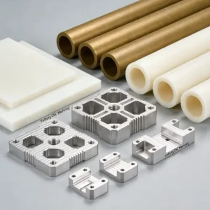 A high-quality display of engineering plastic materials and CNC processed parts from Viethung Plastics.