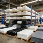 A variety of industrial engineering plastic rods and sheets in a Vietnam manufacturing facility.