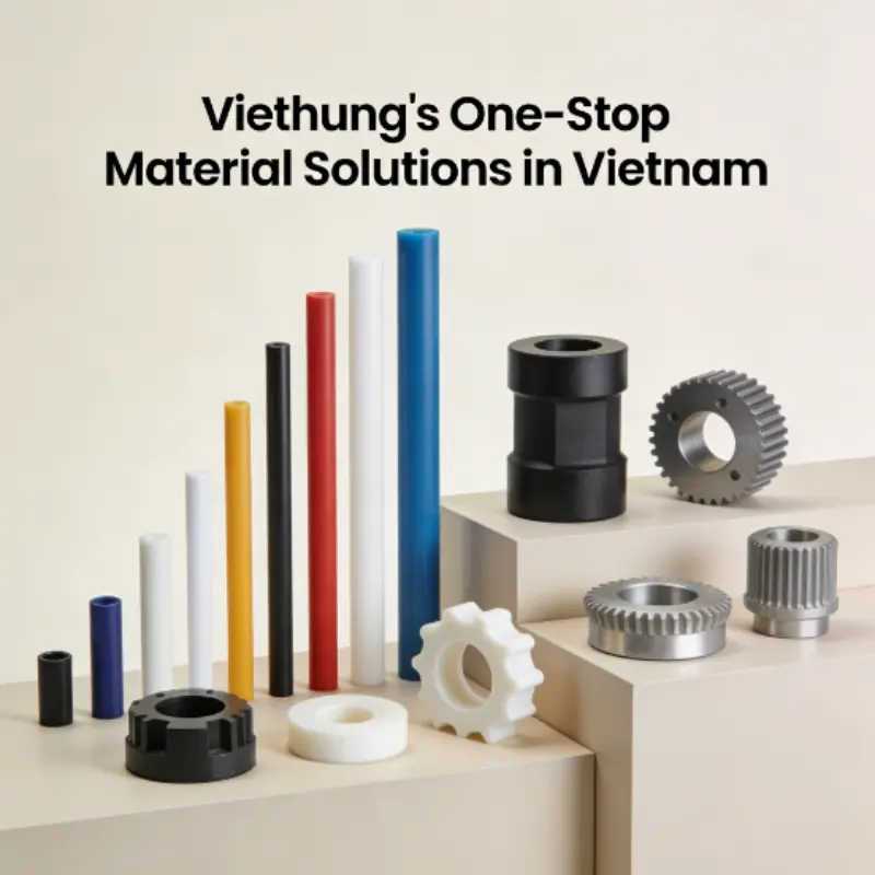 A variety of high-performance engineering plastic rods and processed parts, representing Viethung's one-stop material solutions in Vietnam.