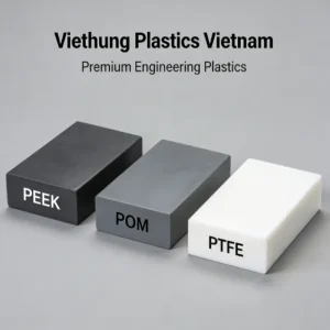 High-quality engineering plastics PEEK, POM, and PTFE manufactured by Viethung Plastics in Vietnam.