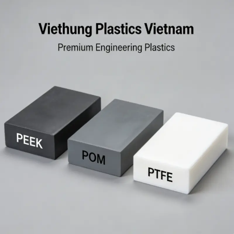 High-quality engineering plastics PEEK, POM, and PTFE manufactured by Viethung Plastics in Vietnam.