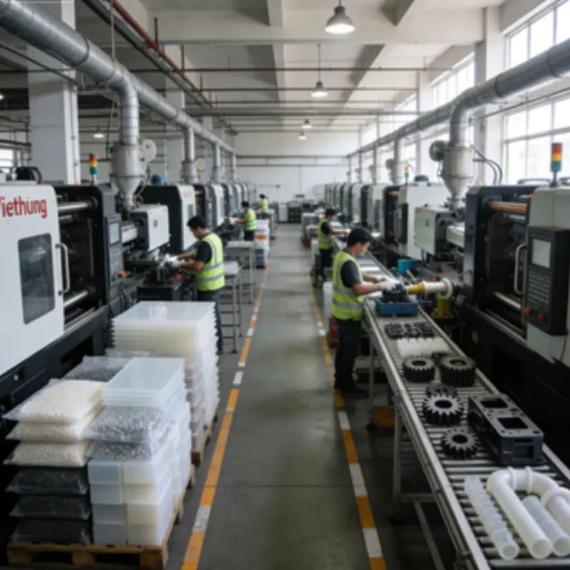 Inside Viethung Plastics factory in Vietnam, showing industrial engineering plastic materials and parts processing.