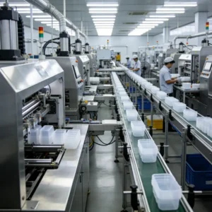 Modern plastic injection molding machine in a Vietnamese factory producing custom parts.