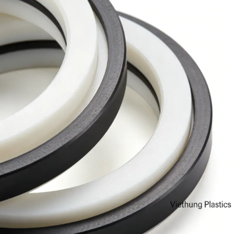 Close-up of wear-resistant sealing components made of PEEK and PTFE from Viethung Plastics.