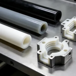 Custom CNC machined high-performance plastic parts including PEEK and PTFE rods and manifolds.