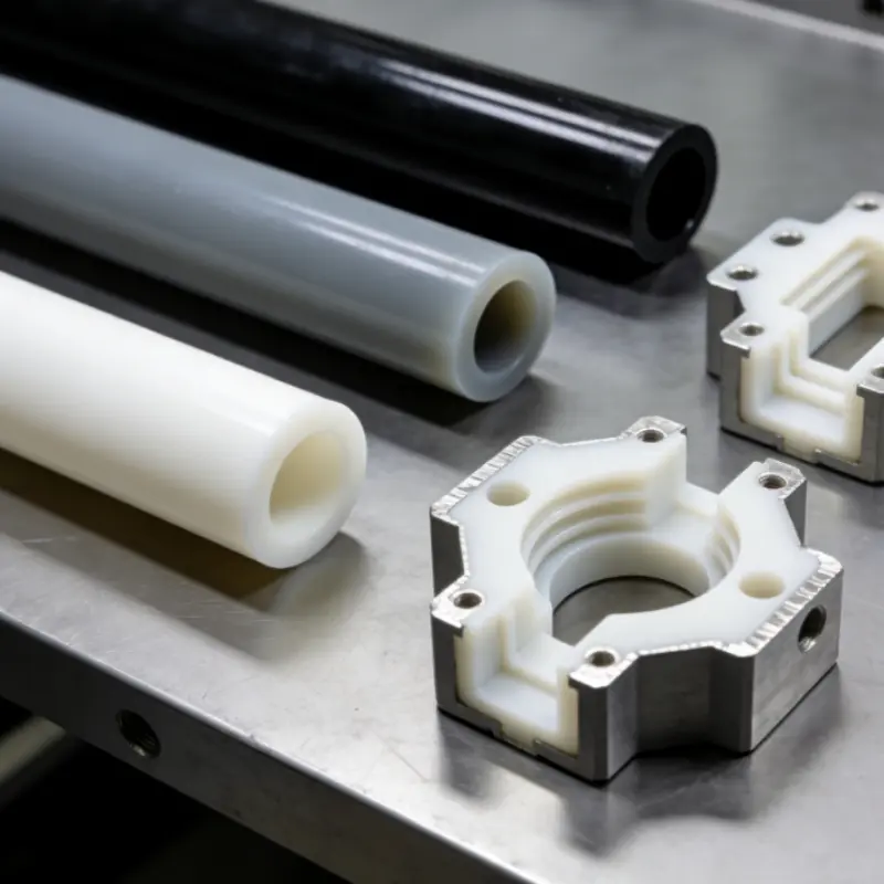 Custom CNC machined high-performance plastic parts including PEEK and PTFE rods and manifolds.