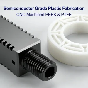 High-precision semiconductor grade plastic fabrication showing CNC machined PEEK and PTFE parts.