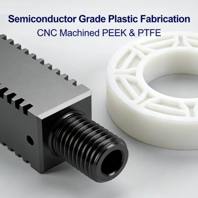 High-precision semiconductor grade plastic fabrication showing CNC machined PEEK and PTFE parts.
