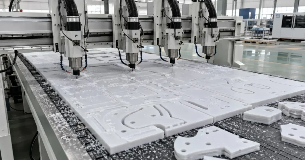 Multi-spindle CNC router nesting custom engineering plastic sheets with optimized toolpaths at Viethung Plastics OEM facility in Vietnam.