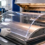 Technical operator fabricating curved custom polycarbonate panels using thermo-bending equipment in a Vietnam OEM factory.