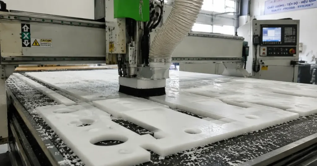 High-precision CNC routing machine cutting custom polypropylene PP plastic sheets in a Vietnam OEM manufacturing facility to minimize material waste.