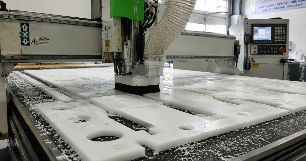 High-precision CNC routing machine cutting custom polypropylene PP plastic sheets in a Vietnam OEM manufacturing facility to minimize material waste.