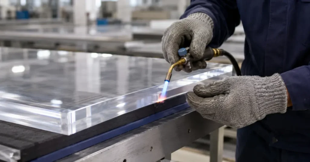 Technician flame polishing the edge of a custom fabricated clear acrylic sheet to achieve optical transparency at Viethung Plastics OEM facility