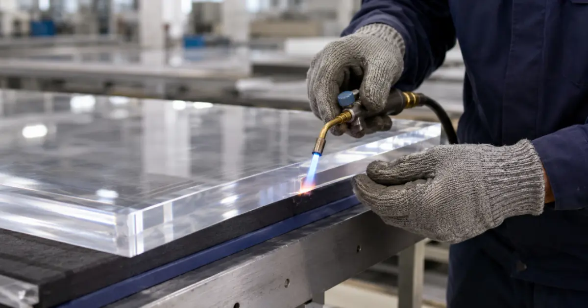 Technician flame polishing the edge of a custom fabricated clear acrylic sheet to achieve optical transparency at Viethung Plastics OEM facility