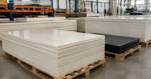 Custom extruded thermoforming grade ABS plastic sheets stacked in clean factory warehouse at Viethung Plastics Vietnam.
