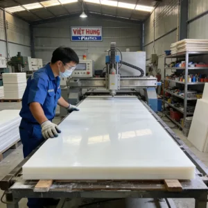 Nhân viên kỹ thuật đang gia công tấm nhựa POM khổ lớn tại xưởng Nhựa Việt Hưng.
