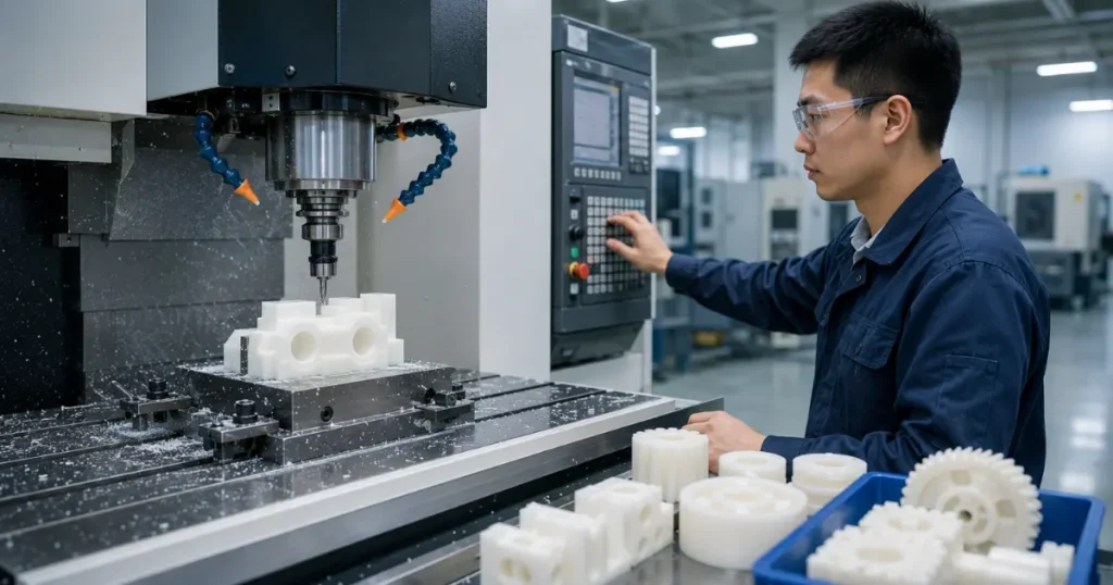 Kỹ thuật viên đang vận hành máy CNC gia công tấm nhựa POM chính xác tại xưởng Nhựa Việt Hưng Bắc Ninh