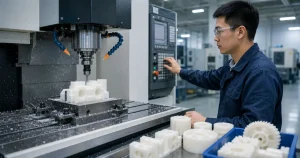 Kỹ thuật viên đang vận hành máy CNC gia công tấm nhựa POM chính xác tại xưởng Nhựa Việt Hưng Bắc Ninh
