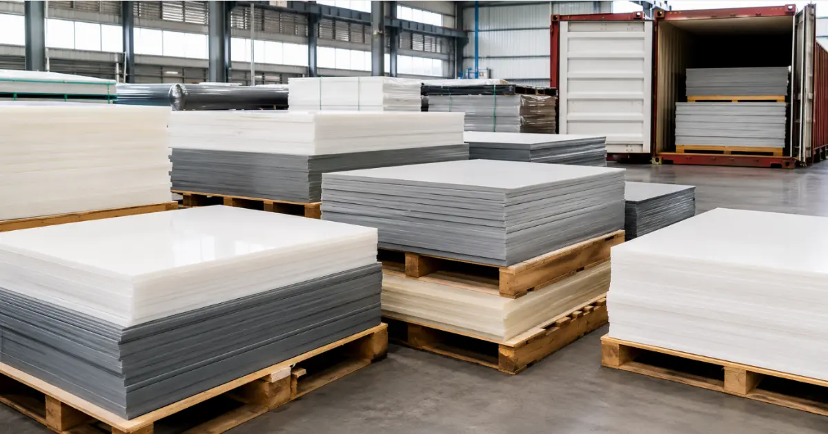 Tấm nhựa HDPE và PP đùn ép được xếp pallet gọn gàng trong nhà máy sản xuất nhựa Việt Nam sẵn sàng đóng container.