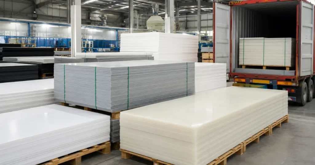 Các tấm nhựa HDPE và PP đùn ép chất lượng cao xếp pallet trong nhà máy Việt Hưng sẵn sàng đóng container gia công bể hóa chất.