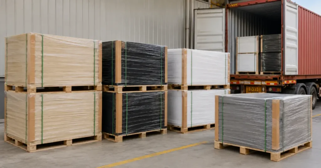 Các kiện tấm nhựa ABS và PP được quàng màng PE bảo vệ, ốp góc chịu lực chắc chắn trên pallet gỗ tại xưởng sản xuất Việt Hưng Plastics chuẩn bị xuất khẩu đường biển.