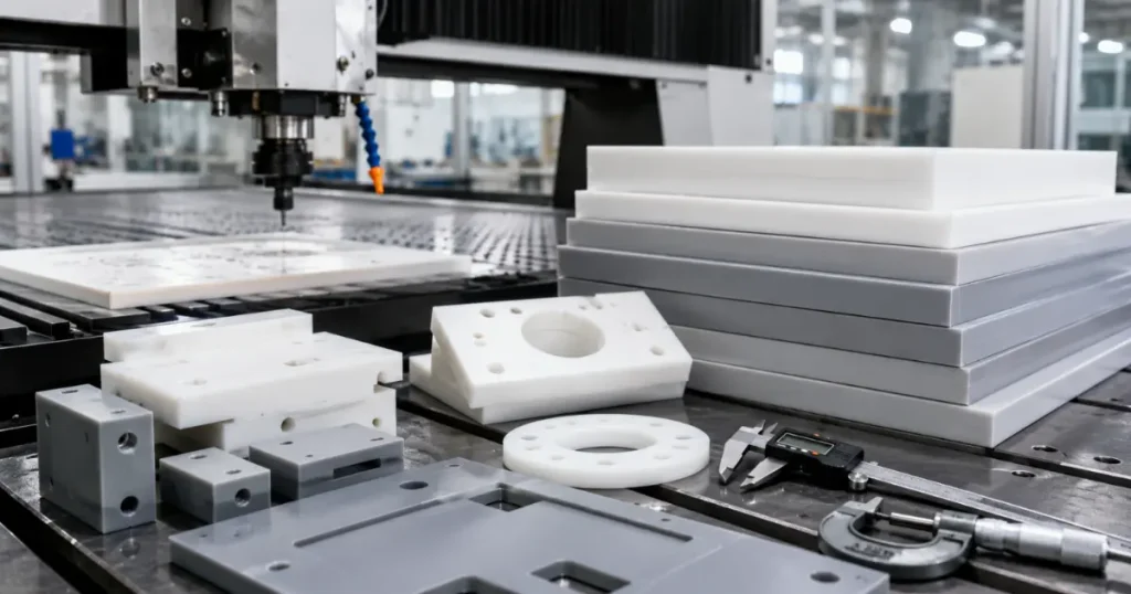Kỹ thuật viên đo dung sai tấm nhựa HDPE và PP cắt CNC theo yêu cầu tại nhà máy sản xuất nhựa Việt Hưng