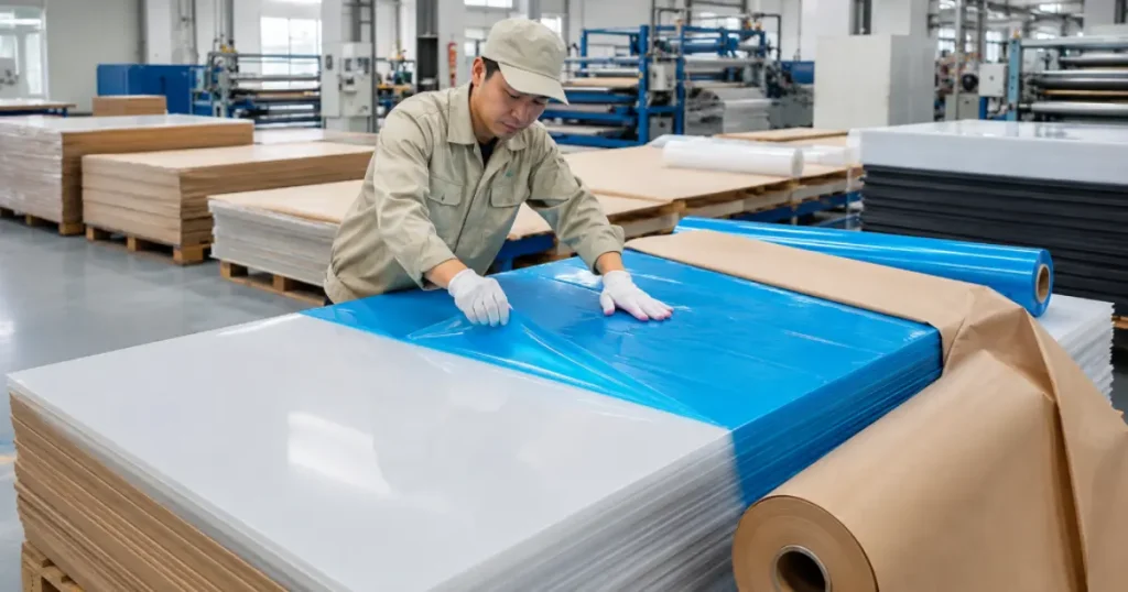 Kỹ thuật viên nhà máy Việt Hưng đang dán màng bảo vệ PE xanh và màng giấy kraft lên bề mặt tấm nhựa ABS và PP đùn nguyên sinh.