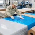 Kỹ thuật viên nhà máy Việt Hưng đang dán màng bảo vệ PE xanh và màng giấy kraft lên bề mặt tấm nhựa ABS và PP đùn nguyên sinh.