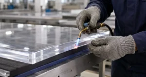 Kỹ thuật viên thực hiện khò bóng lửa mép tấm nhựa acrylic trong suốt đạt độ bóng quang học tại nhà máy Việt Hưng Plastics