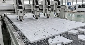 Máy cắt router CNC tự động xếp phôi nesting tối ưu phế liệu tấm nhựa kỹ thuật tại xưởng gia công Việt Hưng Plastics.