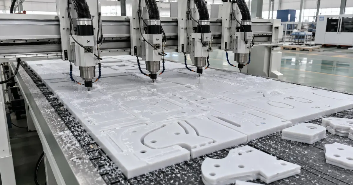 Máy cắt router CNC tự động xếp phôi nesting tối ưu phế liệu tấm nhựa kỹ thuật tại xưởng gia công Việt Hưng Plastics.
