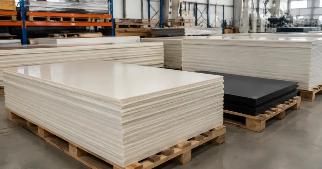 Các tấm nhựa ABS định hình nhiệt màu xám và đen xếp chồng trên pallet tại nhà máy Việt Hưng Plastics Việt Nam.