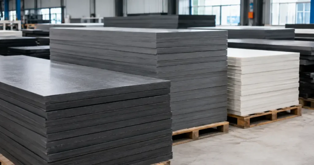 Các tấm nhựa HDPE tái chế chịu lực kháng tia UV xếp pallet tại nhà máy sản xuất nhựa Việt Hưng sẵn sàng gia công bến tàu và bàn ghế ngoài trời.