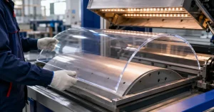 Kỹ thuật viên gia công uốn định hình tấm nhựa Polycarbonate trong suốt làm vách ngăn kiến trúc tại nhà máy Việt Hưng Plastics.